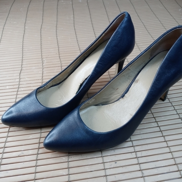ANN TAYLOR Classic BLUE MILA LEATHER 4" heel PUMPS sz 8B. Inside lining some pee - Picture 2 of 10